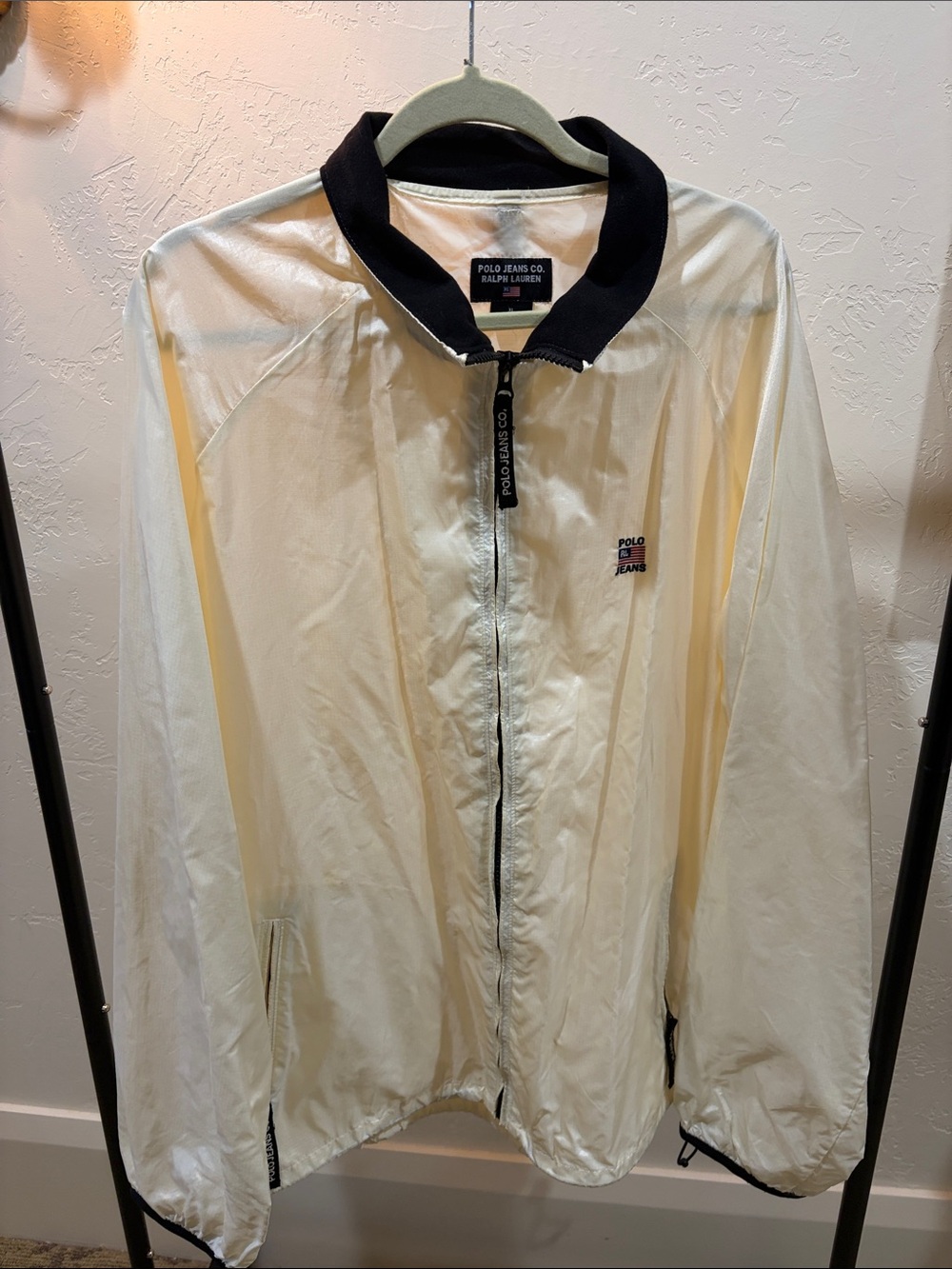 Cream Windbreaker Jacket with Black Collar by RALPH LAUREN POLO XL